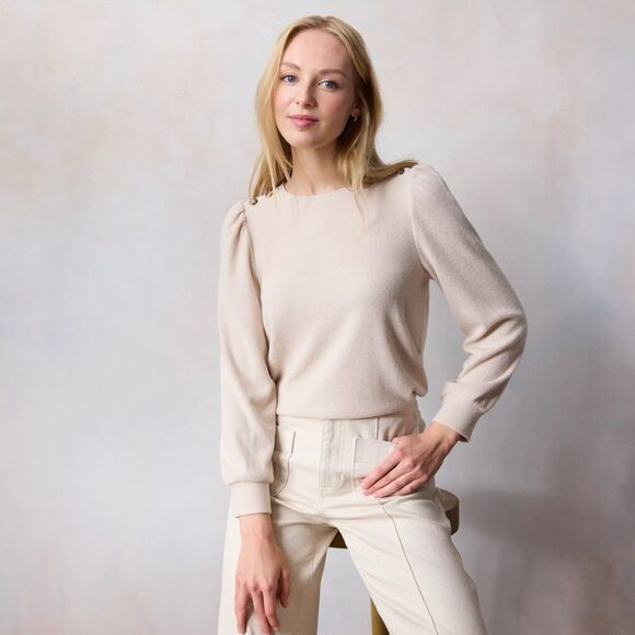 Women's LC Lauren Conrad Ribbed High Cuff Crew Neck Balloon Sleeves Top Size XXL - Picture 2 of 11